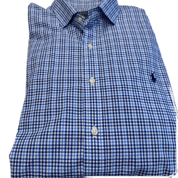 Ralph Lauren Polo Shirt Mens Blue Check Button Down Stretch Cotton Size XXL - Picture 1 of 8